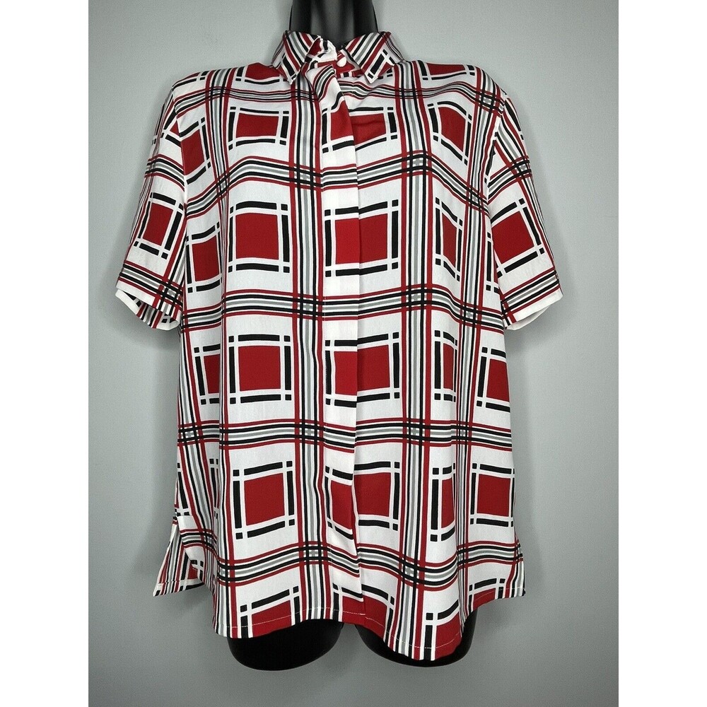 Vintage 80s 90s Alfred Dunner 12 Red Blk White Plaid Button Front S/S Blouse
